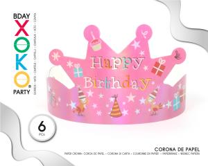 [56959] CORONA DE PAPEL ROSA HAPPY BDAY 6PC