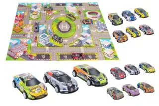 [40493] COCHE METAL RETRACTIL 1:43 3PCS C/TAPETE 76X52CM