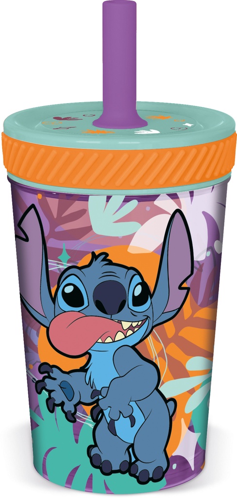 St Vaso Pp Antivuelco Con Pajita De  Silicona 370 Ml Stitch Aloha