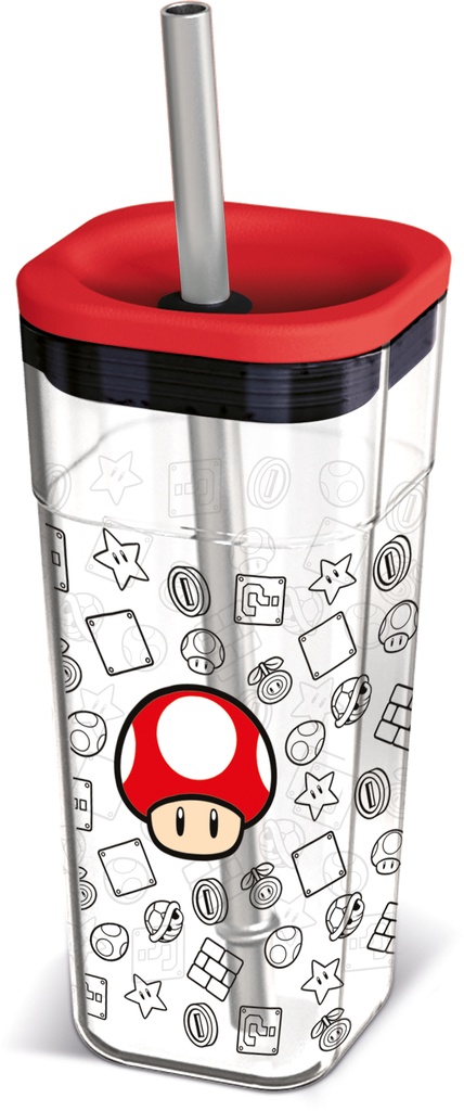 St Vaso Acrilico Cube C/Pajita Acero  Inox.540 Ml Super Mario Young Adult