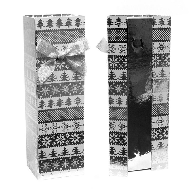 CAJA VINO CON LAZO CARTÓN PLATA 10 X 10,50 X 34 CM
