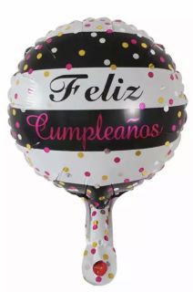 GLOBO CIRCULO 10´ FELIZ CUMPLEAÑOS BLANCO Y NEGRO