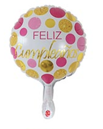 GLOBO CIRCULO 10´ FELIZ CUMPLEAÑOS BLANCO Y DORADO