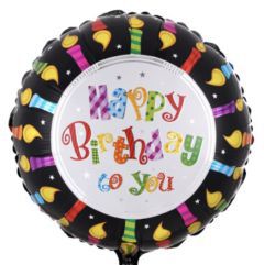 GLOBO CIRCULO 18´ HAPPY BIRTHDAY NEGRO VELAS COLORES