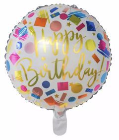 GLOBO CIRCULO 18´ HAPPY BIRTHDAY LETRAS DORADAS CONFETI