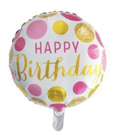 GLOBO CIRCULO 18´ HAPPY BIRTHDAY TOPOS ROSAS Y BLANCOS