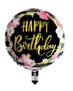 GLOBO CIRCULO 18´ HAPPY BIRTHDAY NEGRO CON FLORES ROSAS