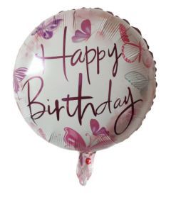 GLOBO CIRCULO 18´ HAPPY BIRTHDAY MARIPOSAS ROSA PASTEL