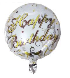 GLOBO CIRCULO 18´ HAPPY BIRTHDAY EN DORADO CON FONDO BLANCO