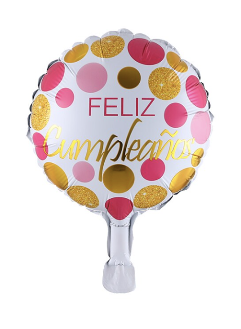 18´globo Feliz cumpleaños LUNARES BLANCOS Y DORADOS