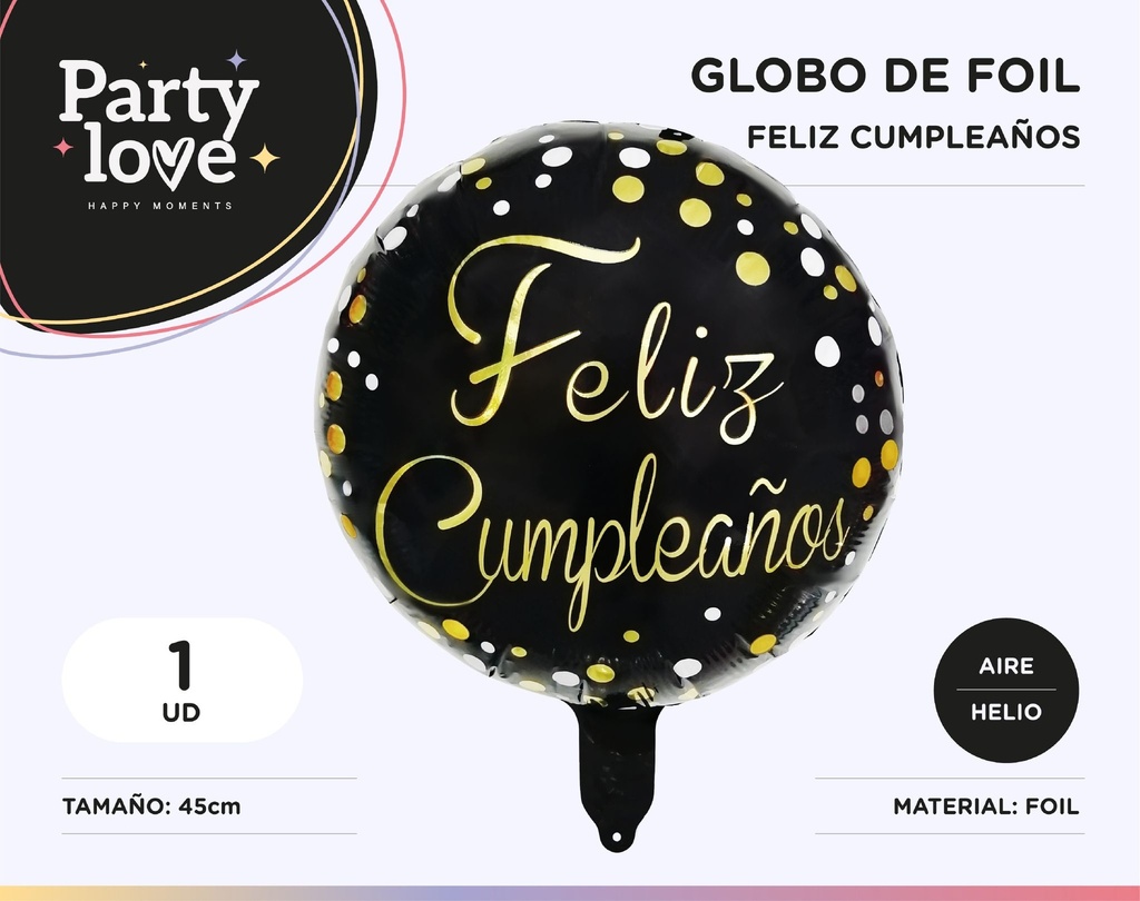 GLOBO FOIL CUMPLE NEGRO Y DORADO 18"