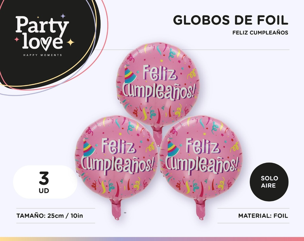 GLOBO FOIL CUMPLE ROSA GORRO 10" 3 UDS SOLO AIRE