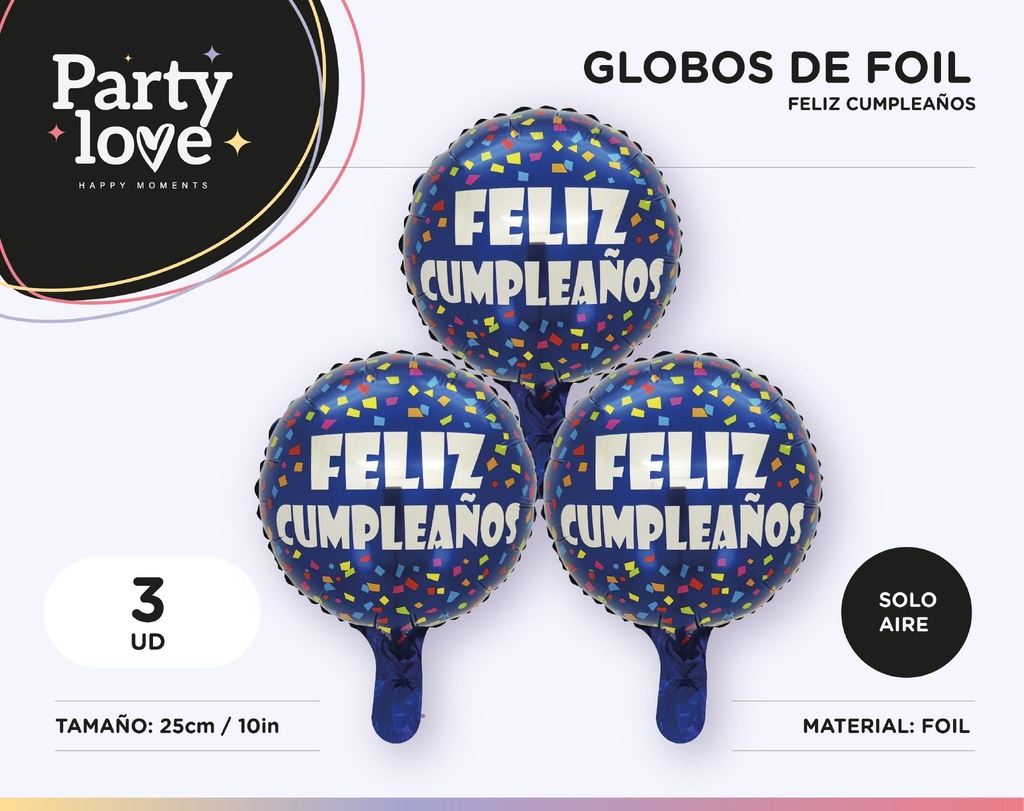 GLOBO FOIL CUMPLE CONFETTI MULTI 10" 3 UDS SOLO AIRE
