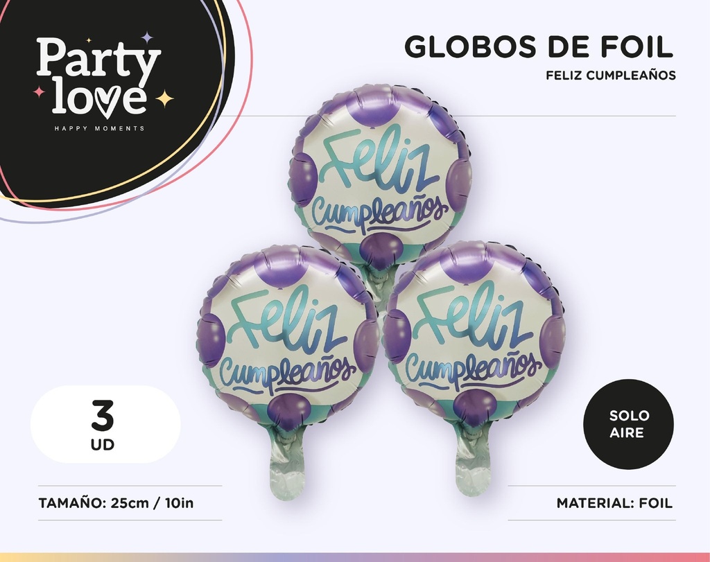GLOBO FOIL CUMPLE VIOLETA 10" 3 UDS SOLO AIRE