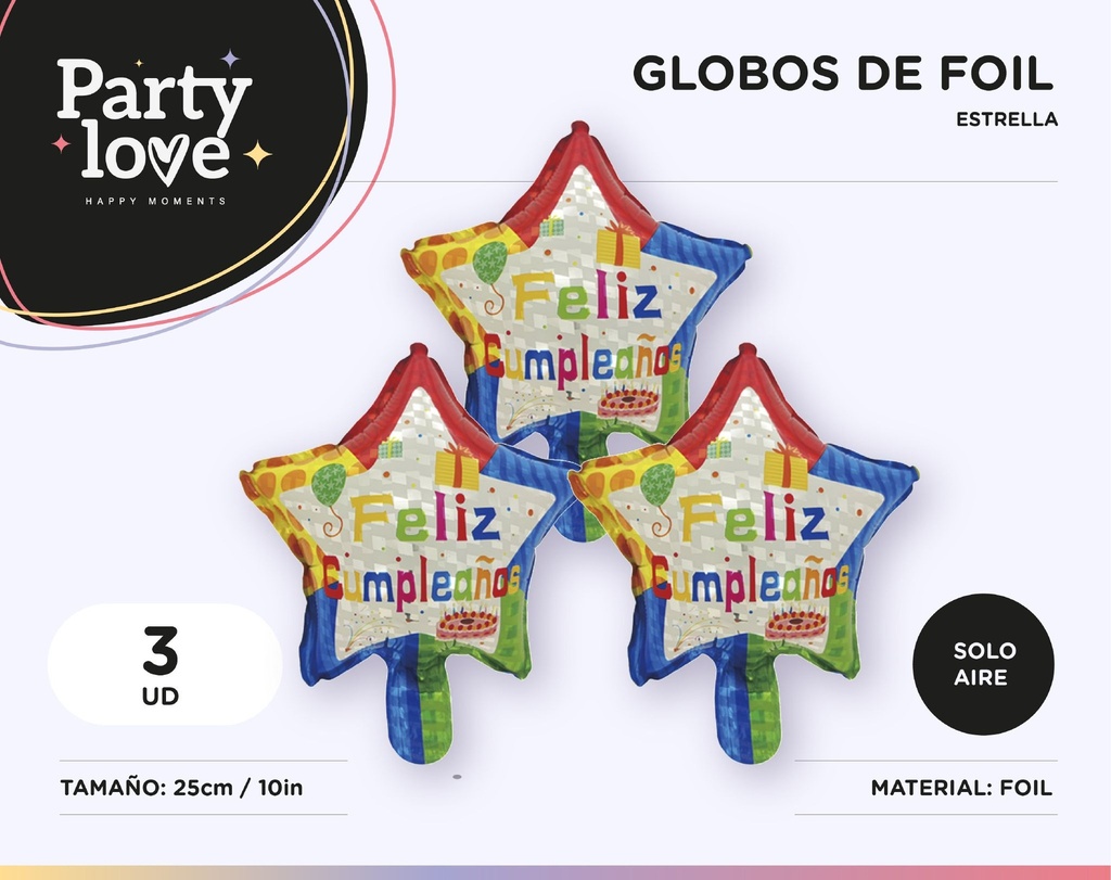 GLOBO FOIL CUMPLE ESTRELLA MULTI 10" SOLO AIRE