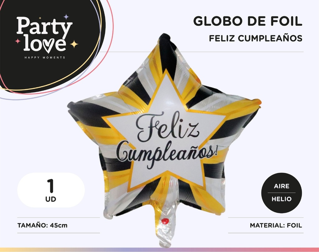 GLOBO CUMPLE ESTRELLA DORADO Y NEGRO 18"