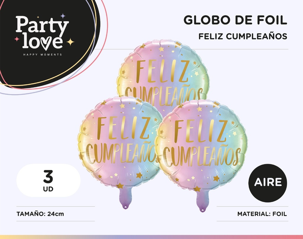 GLOBO CUMPLE PASTEL 10" 3 UDS SOLO AIRE