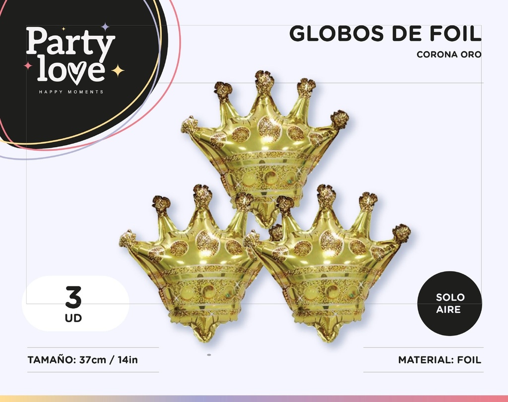 GLOBO FOIL CORONA DORADO 31X37CM SOLO AIRE  3UDS