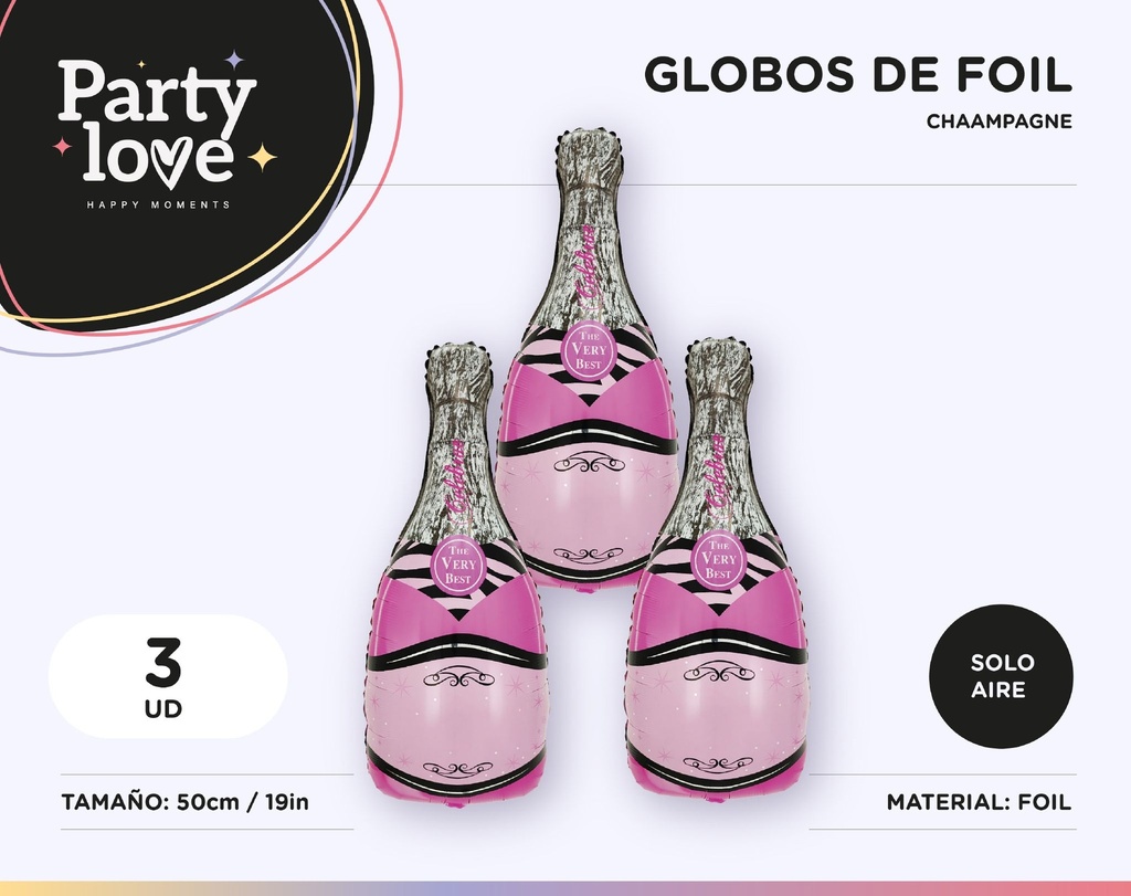 GLOBO FOIL BOTELLA DE CHAMPAGNE ROSA 21 5X50CM 3 UDS SOLO AIRE