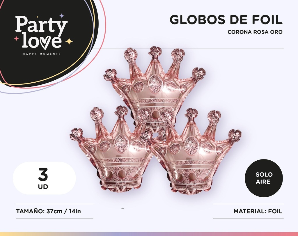 GLOBO FOIL CORONA ORO ROSA 31X37CM SOLO AIRE 3UDS