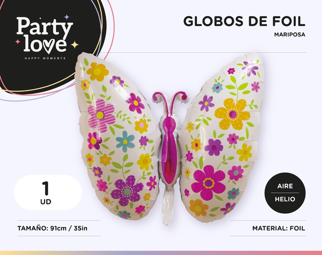 GLOBO FOIL MARIPOSA CON FLORES 91X69 5CM