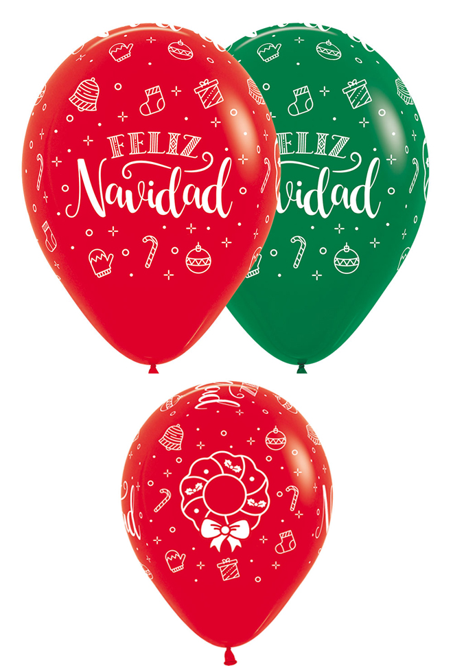 G LATEX FASION ROJO/VERDE FELIZ NAVIDAD 30CM (pack de 12)