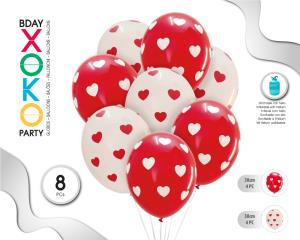 GLOBOS LATEX BL/RJ 8PC 30CM/2.8G CORAZONES