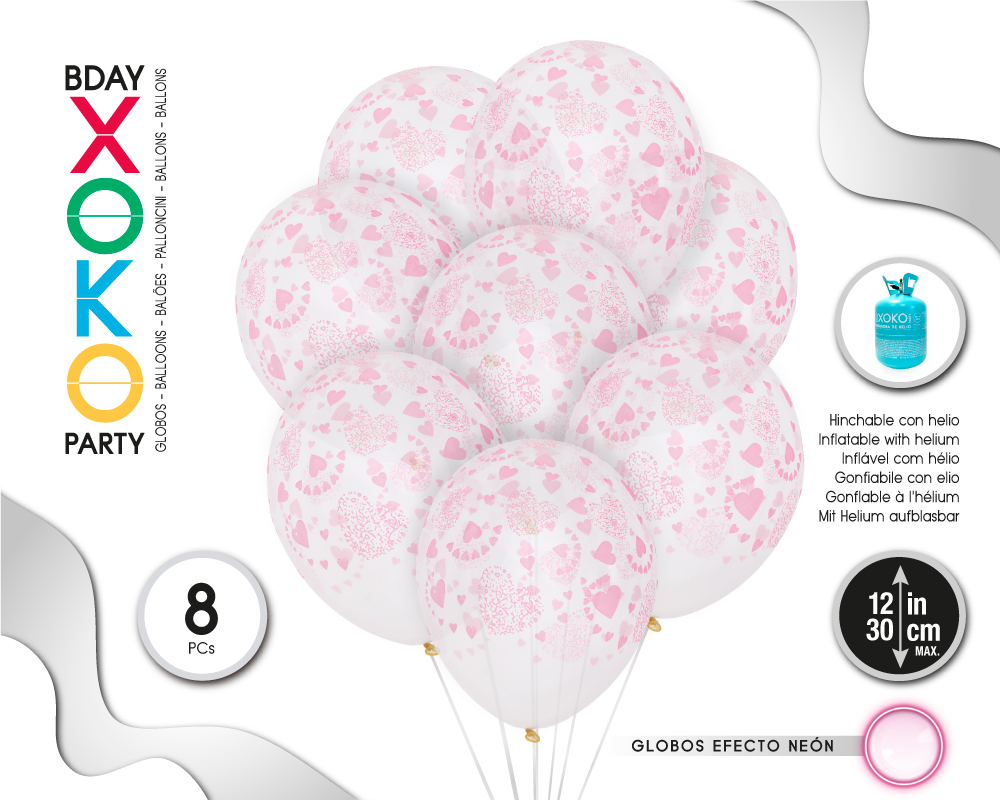 GLOBOS LATEX TRANSPARENTE 8PC 30CM/2.8G CORAZON FLUOR