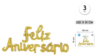 PACK GLOBOS MYLAR FELIZ ANIVERSARIO ORO