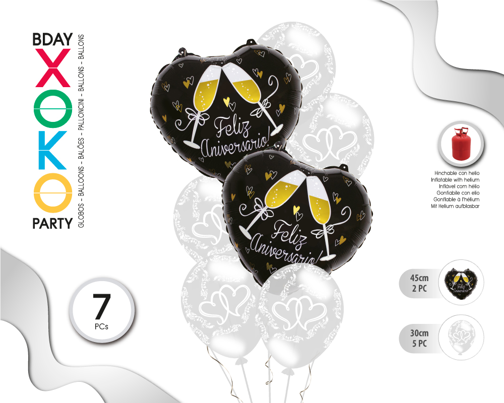 SET PLATA/NEG FELIZ ANIVERSARIO 7 GLOBOS