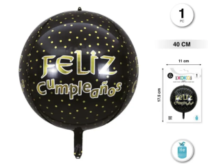 GLOBO FOIL ESFERA 40 CM FELIZ CUMPLE NEGRO