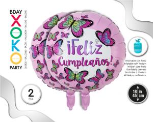 GLOBO MYLAR 2PC FELIZ CUMPLE 18PULG MARIPOSAS
