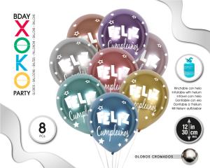 GLOBOS METALIZADOS FELIZ C 8PC 30CM/2.8G COLOR SURTIDO