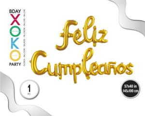 PACK GLOBO MYLAR FELIZ CUMPLEAÑOS ORO
