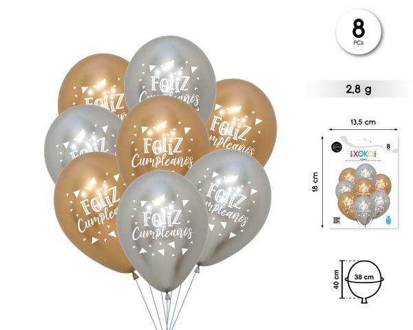 GLOBO LATEX PRINT 8PC FELIZ CUMPLE ORO PLATA