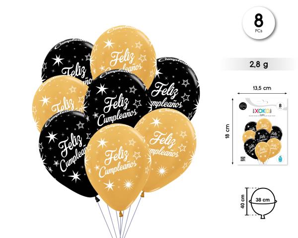 GLOBO LATEX PRINT 8PC FELIZ CUMPLE ORO NEGRO