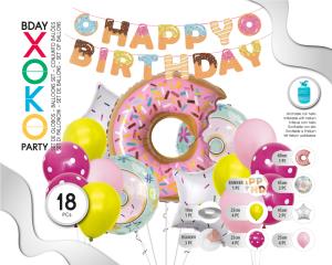 SET GLOBOS CON BANNER FELIZ C 18PC DONUT