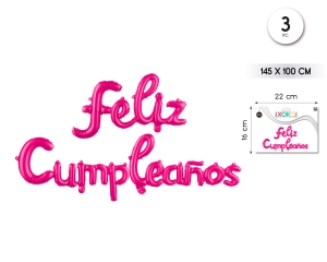 PACK GLOBO MYLAR FELIZ CUMPLEAÑOS FUCSIA