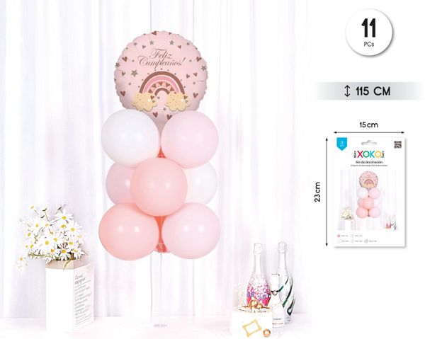 SET GLOBO CON SOPORTE FELIZ CUMPLE 11PCS ROSA/BL 115CM