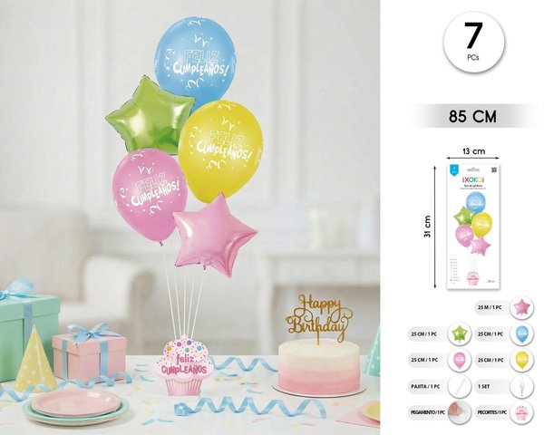 SET GLOBO CON SOPORTE  HAPPY BDAY 7 PCS