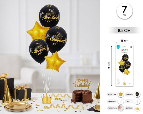 SET GLOBO CON SOPORTE  HAPPY BDAY 7 PCS