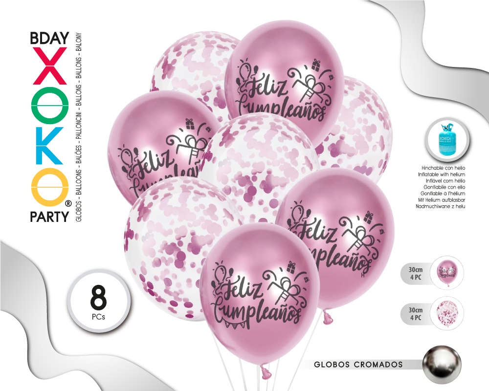 SET GLOBOS ROSA PRINT FELIZ C 8PC