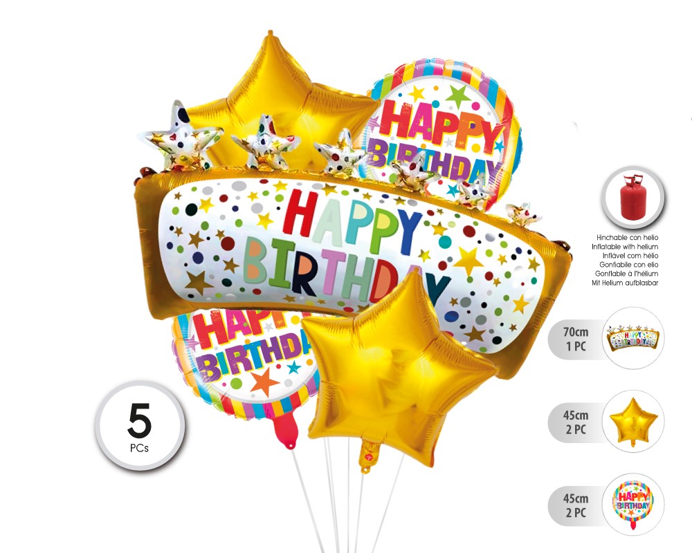 SET GLOBO MYLAR HAPPY BDAY 5PC (SIN HELIO)