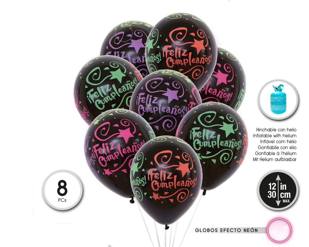 [55113] GLOBOS LATEX NEGRO 8PC 30CM/2.8G FELIZ C FLUOR (SIN HELIO)