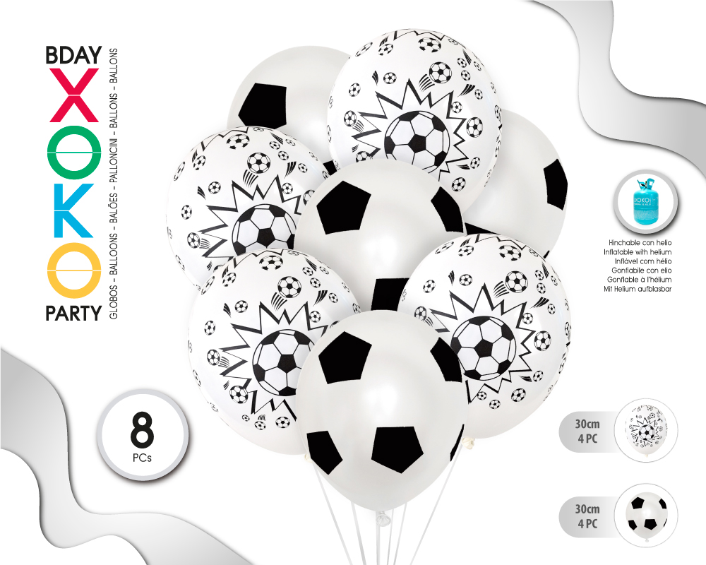 GLOBOS LATEX BLANCO 8PC 30CM/2.8G FUTBOL