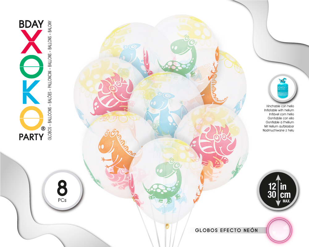 GLOBOS LATEX TRANSPARENTE 8PC 30CM/2.8G DINO FLUOR