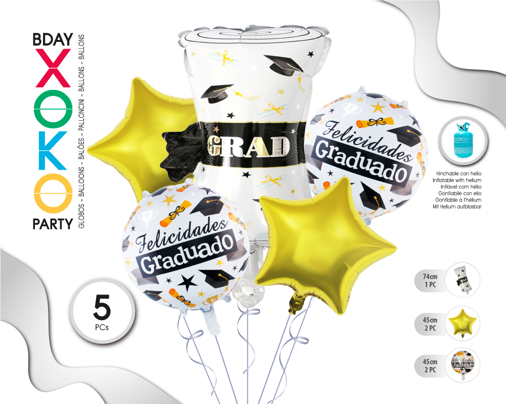 SET GLOBO MYLAR 5PC GRADUADO DIPLOMA
