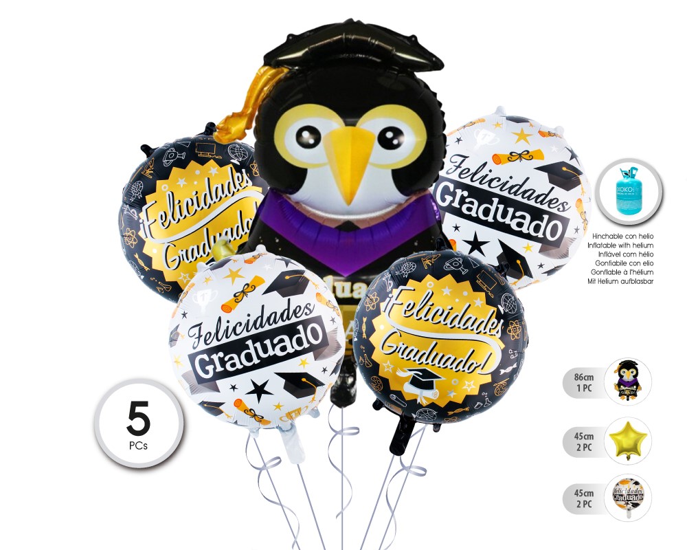 SET GLOBO MYLAR 5PC GRADUADO BUHO (SIN HELIO)