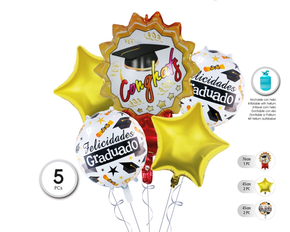 SET GLOBO MYLAR 5PC GRADUADO MEDALLA (SIN HELIO)