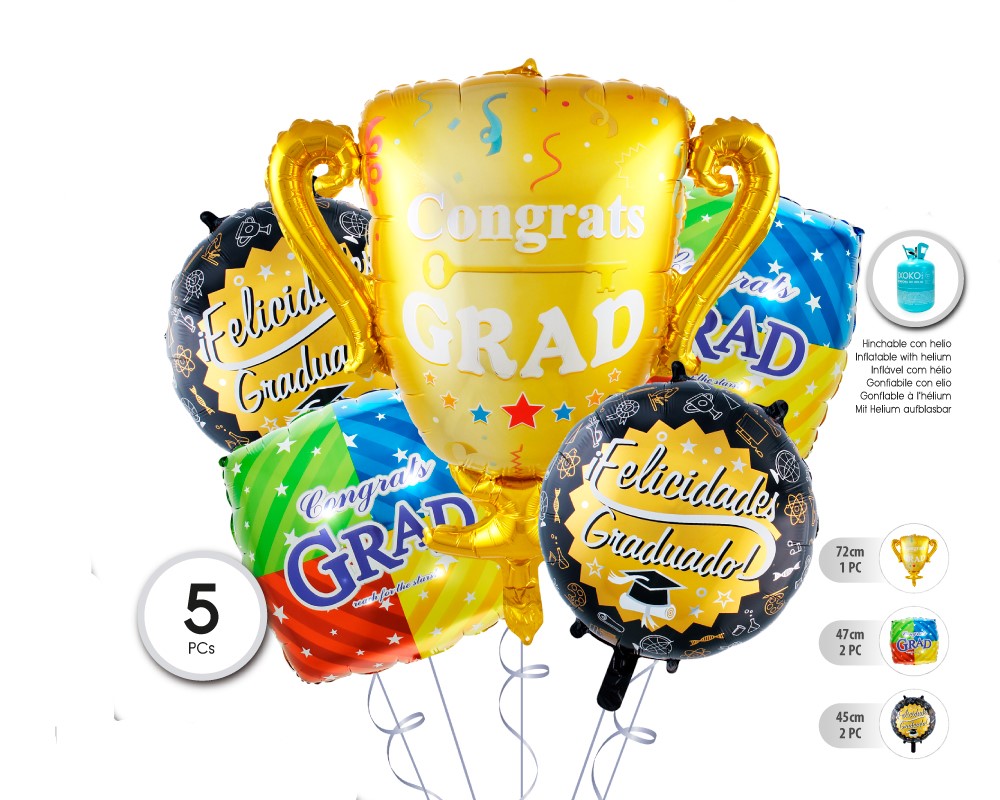 SET GLOBO MYLAR TROFEO GRADUACION 5PC (SIN HELIO)